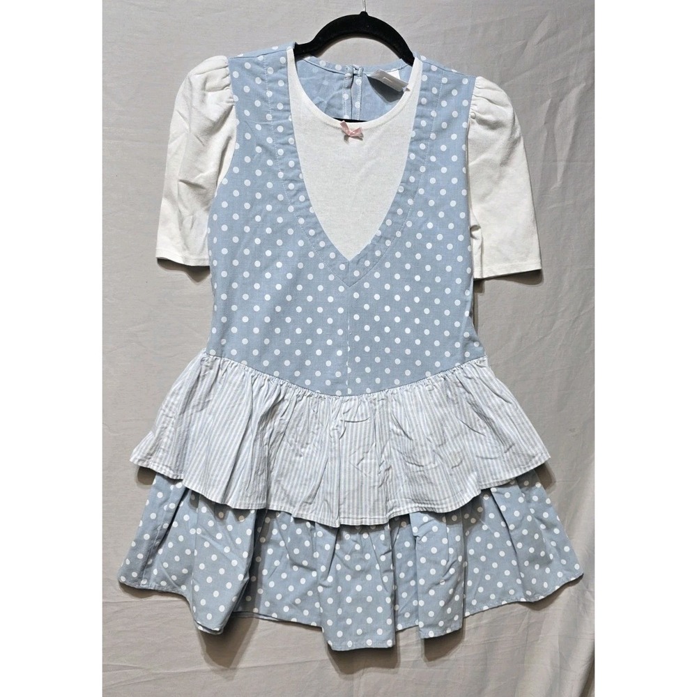 Vintage Girls Dress 14 Blue London Girl Dots Striped Ruffles